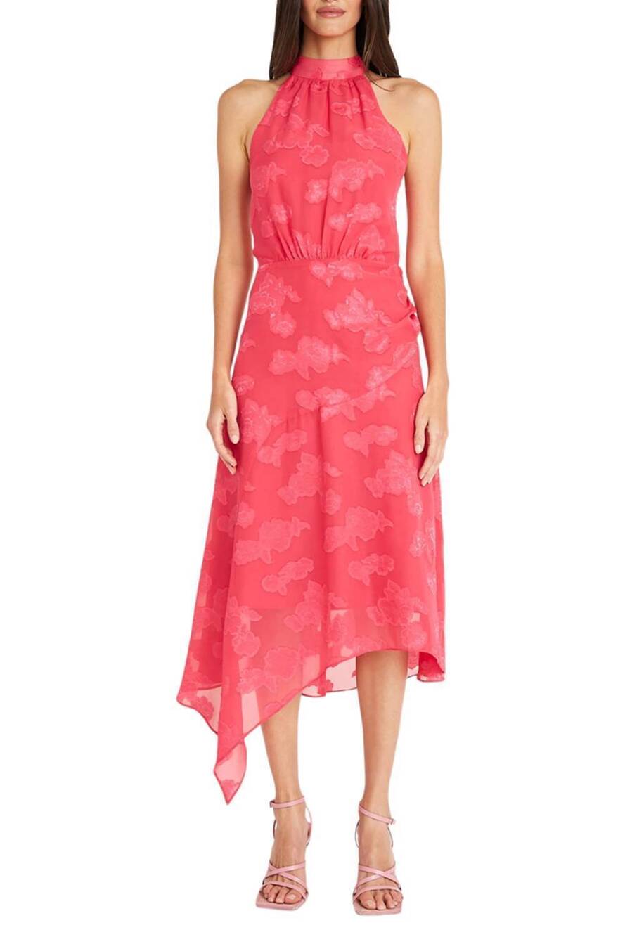 NEW MAGGY LONDON halter asymmetrical hem floral dress in raspberry